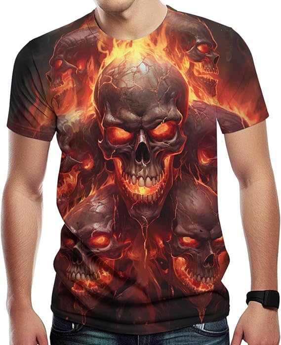 Men's Novelity 3D Print Skull T-Shirts Flame Skull Graphic Short Sleeve Tee Shirt