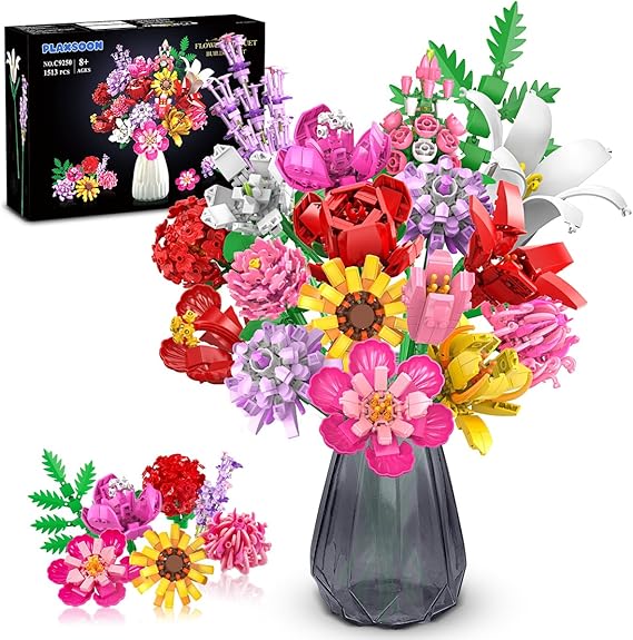 PLAXSOON Flower Bouquet Building Set, 1464 PCS Botanical Collection Building Block Toy, Rose Sunflower Home Plant Decor, 18 Flowers Models Birthday Gift for Adults Women Kids Boys Girls 8 9 10 11 12+