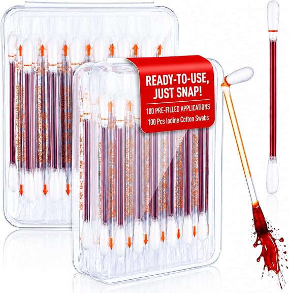 Ciieeo 100 Pcs Iodine Cotton Swabs Individually Wrapped, Antiseptic Cotton Buds for Wound Cleaning Skin Disinfection, No-Spill First Aid Swab Sticks with Storage Box for Home Travel Camping First Aid