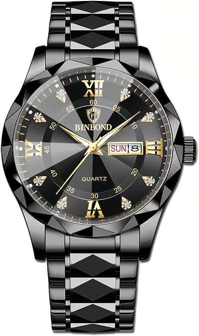 Gosasa Luxury Men's and Women's Business Diamond Stainless Steel Waterproof Roman Numeral Analog Quartz Watch with Day-Date Calendar, Gold and Silver Tone