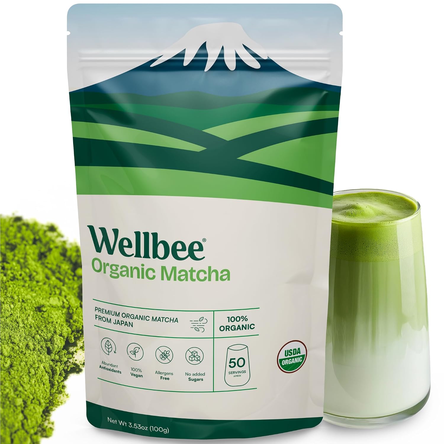 Organic Japanese Unsweetened Matcha Green Tea Powder - Premium Blend for Lattes, Smoothies, Iced or Hot Beverages and Desserts by Wellbee 3.53 Oz