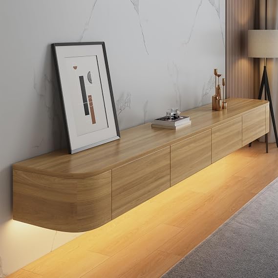 Floating TV Stand Cabinet wall mounted Brown Floating tv Shelves with LED light & Doors & Drawer Modern Media Entertainment TV Console Storage TV Unit for Living Room (120cm/47in)
