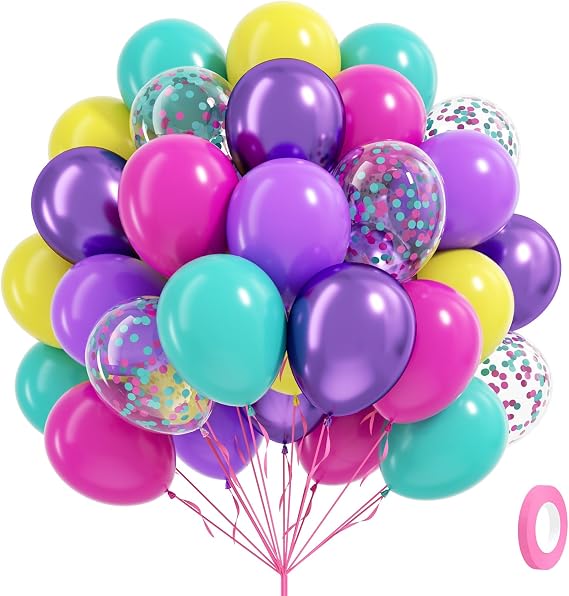 60pcs 12inch Pink Purple and Blue Balloons with Teal Confetti Balloons | Theme, Engagement, Baby Shower, Birthday Party Decorations
