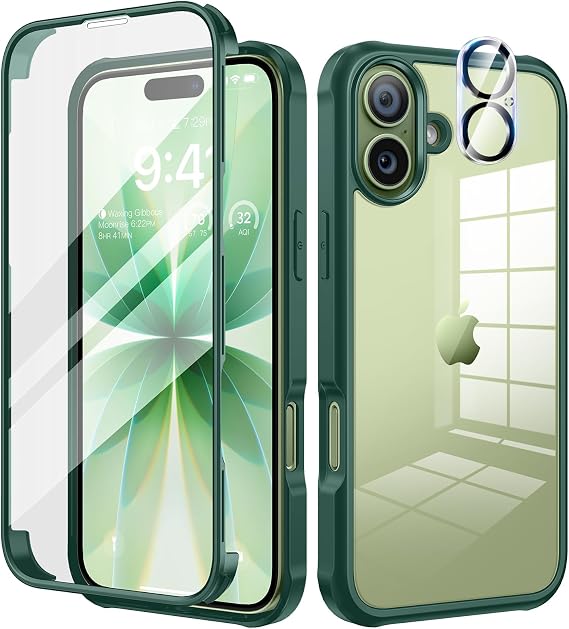 seacosmo for iPhone 17 Case with 9H Tempered Glass Screen Protector, Green | Full Body Shockproof Protection Armour Cover, Camera Lens Protector, Slim Fit Bumper Dual Layer Protective Rugged Phone Case
