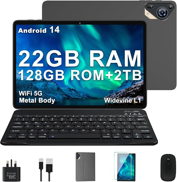 Tablet 10 Inch Android 14, Metal Body, 22GB RAM + 128GB ROM (Expandable to 2TB), Octa-Core 2.0GHz, 8000mAh, WiFi 5G, Widevine L1 – with Keyboard, Mouse & Case – Dark Grey
