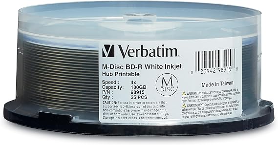 Verbatim 98915 M-DISC BD-R XL 100GB / 1-4x, Inkjet 25-Disc Cakebox