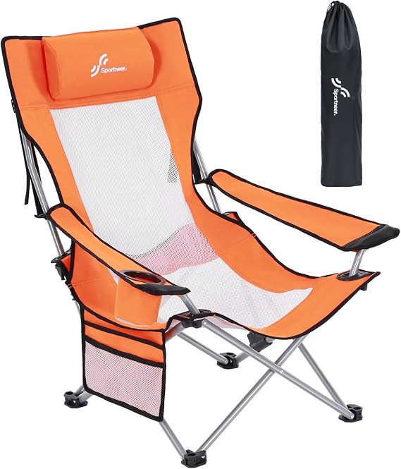 Sportneer Portable Beach Chair for Adults - Position Recliner with Cup Holder, Side Pocket & Carry Bag, Compact Folding Chair with Lumbar Support for Camping, Beach, Festivals