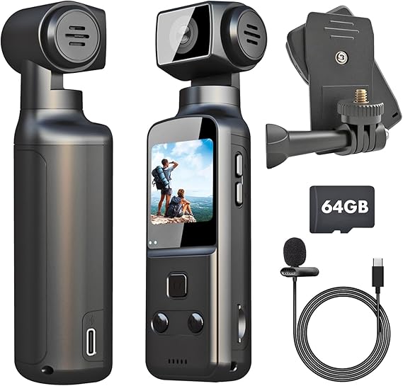4K Pocket Vlog Camera, 270° Rotatable Lens for YouTube Vlogging, External Microphone, Video Stabilization, Clip-on Wearable POV Body Camera with 64GB TF Card