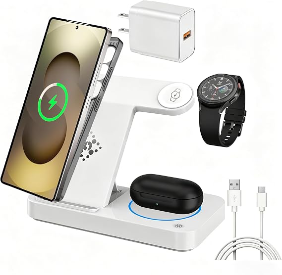 3 in 1 Charging Station for Samsung Android: Wireless Phone and Watch Charger for Galaxy S25 Ultra/S24/S23/Z Fold, Wireless Charger Stand for Galaxy Watch 8/7/6/5 Earbuds 3/2/Pro