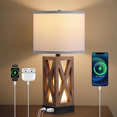 Wood Table Lamp with 3 Color Temperatures, Nightstand Table Lamp with AC Outlet, USB A & C Charging Port, Bedside Lamp for Living Room, Bedroom, Office Reading, Burlywood