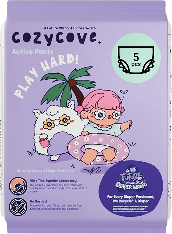 Cozycove Size 7 L (33-44 lbs) Pull Up Training Pants | Totally Chlorine Free, Fragrance Free | Wetness Indicator | Play Hard Slim Active Pants | 5 Count Travel