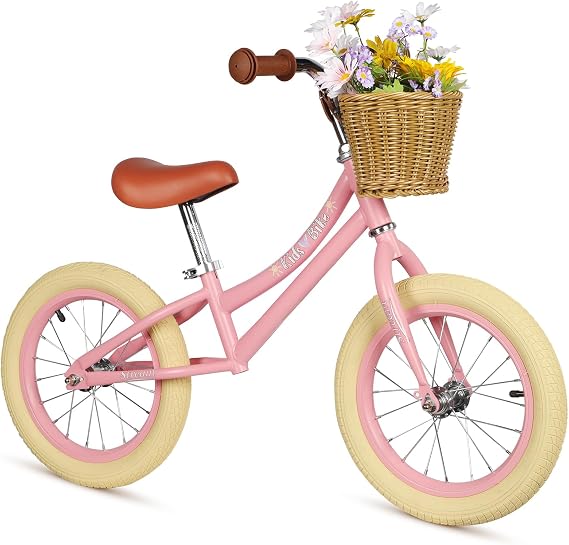 14 inch Girls Balance Bike with Basket, Large Kids Bike 4+ Year Old Pink