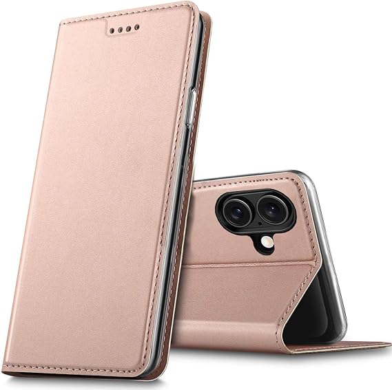 Verco Mobile Phone Case for iPhone 16 Plus Premium Mobile Phone Flip Cover for Apple iPhone 16 Plus Case 6.7 Inch [Integrated Magnet] Book Case PU Leather Case Rose Gold