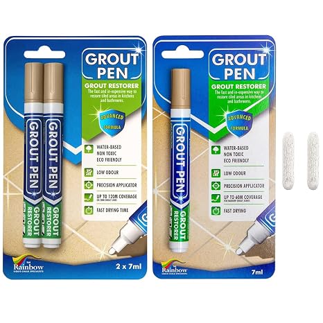 Grout Pen Tile Paint Marker: Beige 1 Pack and 2 Pack with Extra Tips (Narrow, 5mm) - Waterproof Grout Colorant and Sealer Pen to Renew, Repair, and Refresh Tile Grout - Cleaner Floor Pens