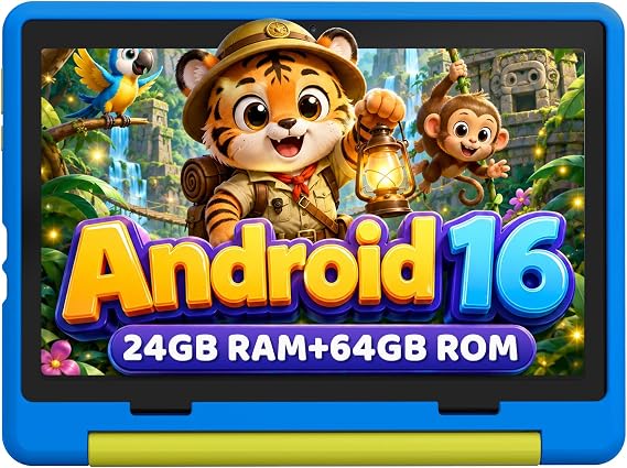 Urao Kids Tablet, Android 16 Tablet for Kids 10 inch with Case, 24GB RAM 64GB ROM 1TB TF Card Expandable for Toddler Children, Parental Control, Dual Camera, WiFi,Gift