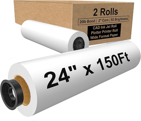 24" x 150ft Wide Format Paper 2" Core, White Plotter Paper CAD Bond 2 Rolls