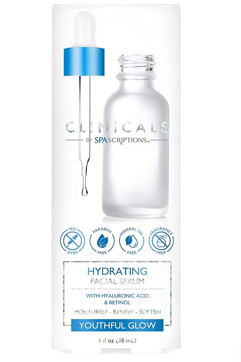 Clinicals Hydrating Facial Serum with Hyaluronic Acid & Retinol to Moisturize, Renew, Soften your Skin to a Youthful Glow