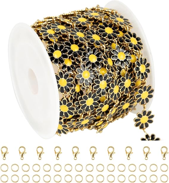 YOUBEIYEE 9.8 Feet Gold Plated Chains for Jewelry Making Black Enamel Daisy Flower Chain Rol with Jump Rings and Lobster Clasps Jewelry Supplies Findings
