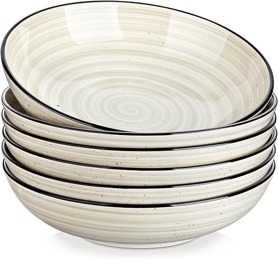 vancasso Bonbon Pasta Bowls Set of 6, 38 oz/1140 ml Ceramic Salad Bowls, Wide and Shallow Bowls Set, Large Soup Bowls Serving Bowls for Kitchen, Beige