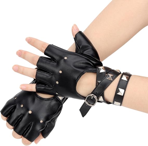 Small Size Fingerless Faux Leather Gloves Black Biker Punk Gloves | Halloween PU Leather Half Finger Glove for Women Teens Kids