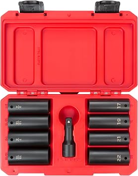 TEKTON 1/2 Inch Drive Deep Impact Lug Nut Socket Set with Case, 9-Piece (3/4-15/16 in., 17-22 mm) | SID92415
