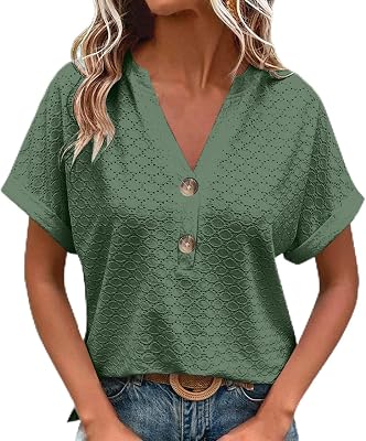Casual Tops for Women Solid Color Button Up V-Neck T-Shirts Short Sleeve Plus Size Hollow Out Palace Lock Blouse