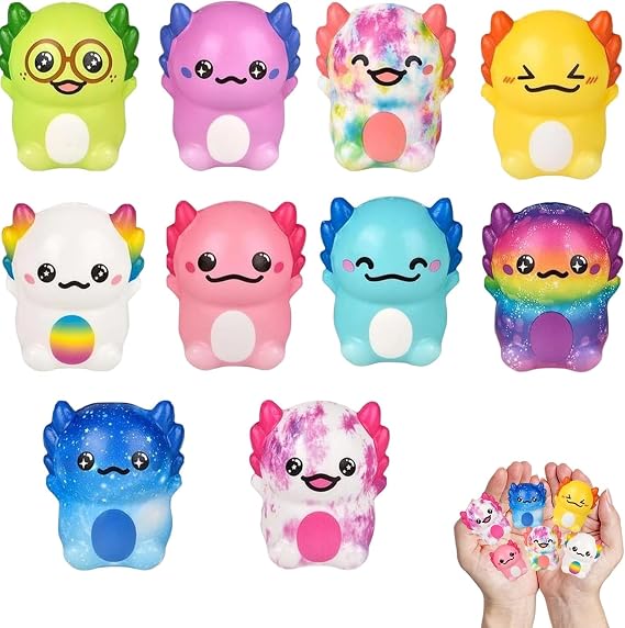 10 Pcs Axolotl Squishy Stress Balls, Slow Rebound Squishy Axolotl Toys for Teens 15& Adults, Cute Animal Stress Relief Sensory Toys for Office Anxiety Relief & Party Favors(Random Color)