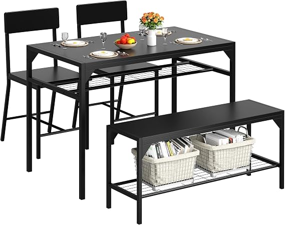 Shintenchi Kitchen Table Chairs Set of 4 with Bench and Chairs, Black | Dining Table Set for 4, 4 Pieces Kitchen Table Set, Storage Rack & Metal Frame, for Small Space, Upgrated Leg Support