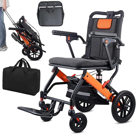 Ultra-Light Transport Wheelchair, Folding Portable Wheelchair with Hand Brake, Trolleys for Elderly Aircraft Travel, Wheelchairs for Adults (with Travel Bag/Backbag) (with Telescopic Handle)