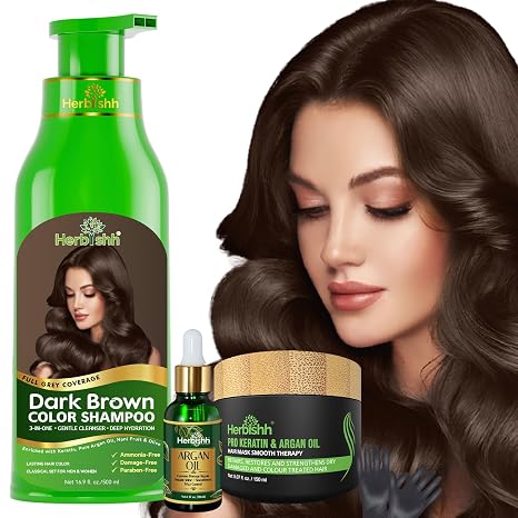 Herbishh After Colour Shampoo Combo Contains Hair Colour Shampoo Hair Colour 500 ml Argan Oil 30 ml Pro Keratin and Argan Hair Mask 100 g for Hair Straightening Shine and Protection (Dark Brown)