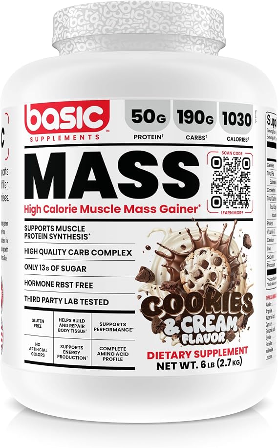 BASIC SUPPLEMENTS Mass Gainer Protein Powder, Supports Muscle Growth & Recovery, 50g Protein, 190g Carbs, 1030 Calories, Gluten-Free, RBST-Free, No Artificial Colors