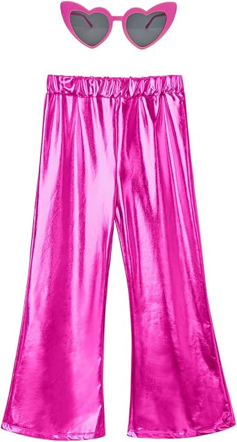 Perfashion Girls Shiny Metallic Flared Pants Festival Dance Pants Disco with Sunglasses Wide Leg Trousers 6-15 Years