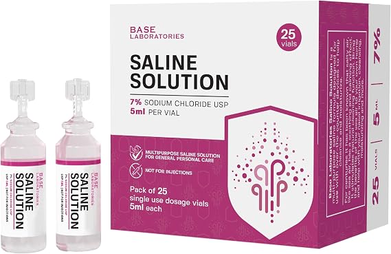 BASE LABORATORIES 7% Saline Solution Vials - Versatile 7% Sodium Chloride Saline Ampoules - Preservative Free Saline Solution Single use vials - USP Grade 25 Vials x 5ml Count