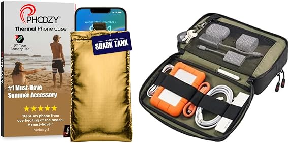 PHOOZY Thermal Phone Case - Apollo Series (Medium Gold) + Tech Bag & Cable Organizer Bag for Travel Accessories (Black)
