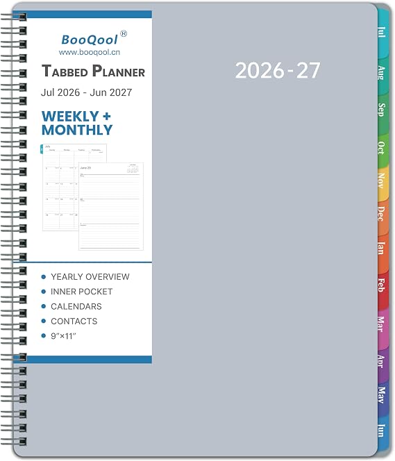 Planner 2026-2027 2026-2027 Planner Weekly and Monthly, 9" x 11", Large, July 2026 June 2027, 12 Monthly Tabs, Strong Twin-Wire Binding, Inner Pocket, Hardcover, Grey