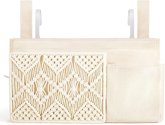 Mkono Bedside Caddy, Macrame Hanging Organizer, 4 Pockets Ivory Metal Hooks | Dorm Room Essentials, Boho Storage, Bunk Loft Bed Bedroom Nursery, Laptop Phone Remote Magazine Glasses, Fixed Straps