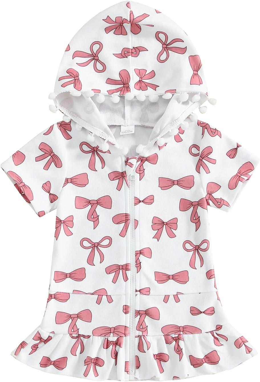 Girls Terry Cloth Swim Cover Up Zip Up Hooded Bathing Suit Coverup Wraps Rufled Kids Pool Beach Robe Cover-Up Dress