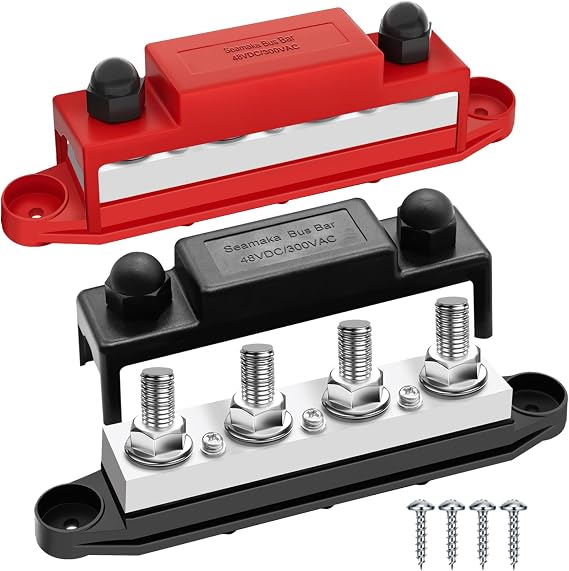 400A 12V Bus Bar Marine Power Distribution Block with Cover with 4 x 3/8Post 3 x #8 Screws Terminals,Battery Bus Bar (Pair, Red & Black),Automotive Busbars 12 Volt for Car Boat Solar Wiring