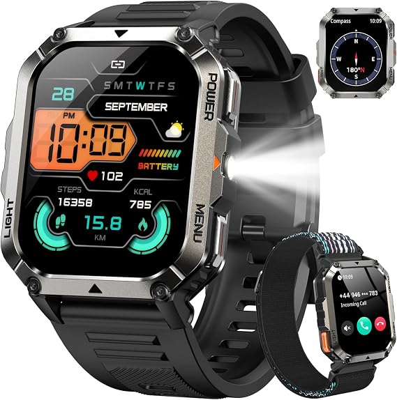 Military Smart Watch for Men(Answer/Make Calls),2.01"Fitness Watch with Compass/Flashlight/100 Days Battery/Heart Rate/SpO2/Sleep Monitor/100+ Sports/IP68 Waterproof,Outdoor Smartwatch for Android iOS