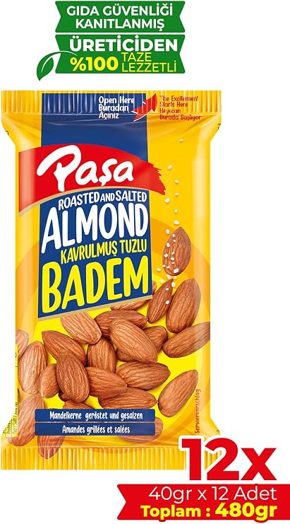 Paşa Kavrulmuş Tuzlu Badem, 12 Paket x 40gr, Toplam 480gr, Atıştırmalık Kuruyemiş