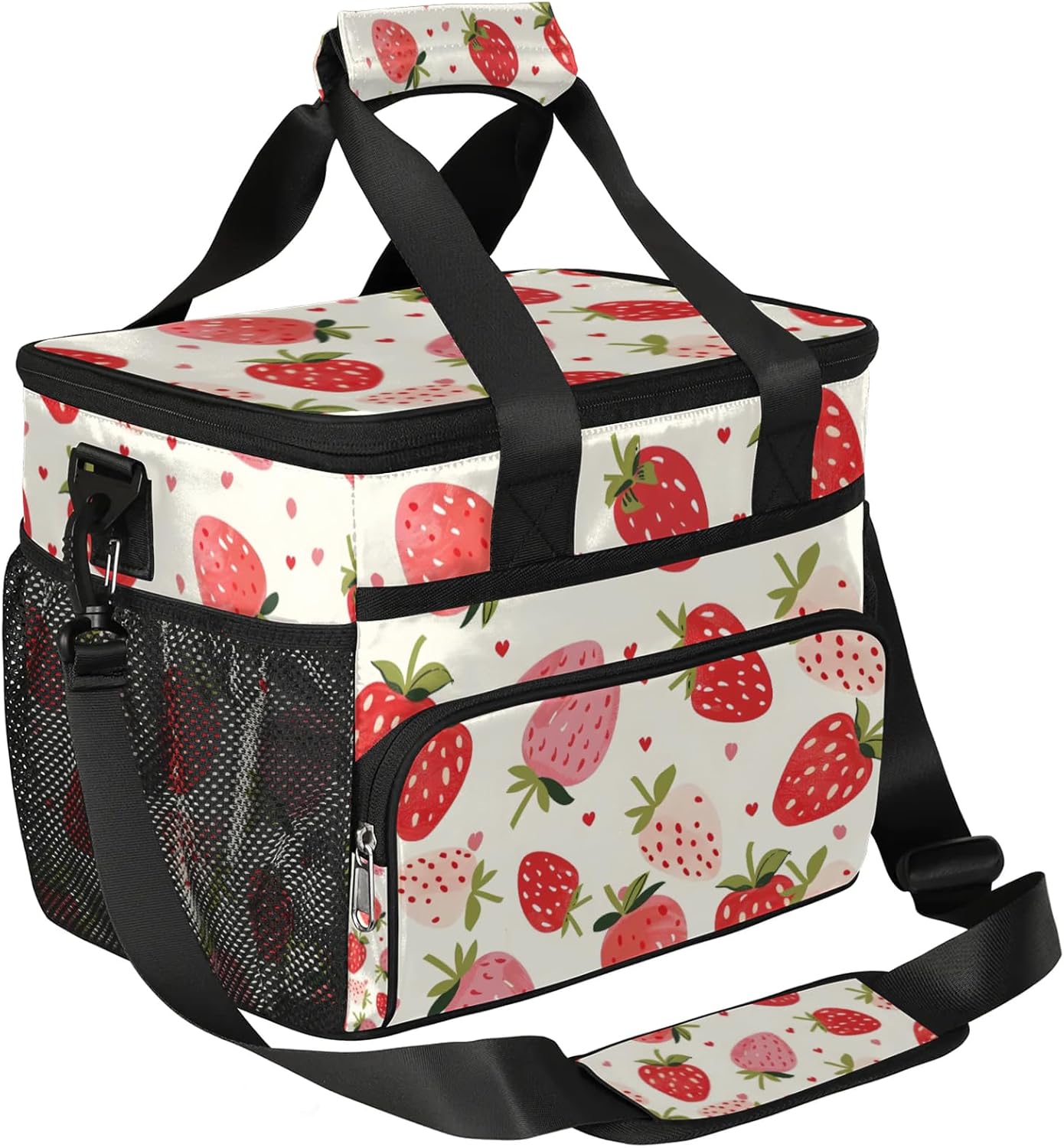 Large Lunch Bag Women Insulated, Portable Cooler Bags Insulated for Travel, Men Lunch Box with Compartments, Lunch Tote Bag with Shoulder Strap for Work, Picnic White Strawberries