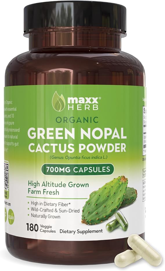 Green Nopal Cactus Capsules - Organic Cactus Fiber, Vitamins, Antioxidant, Metabolic Support, No Added Sugar, Non-GMO, Gluten Free (180 Veggie Capsules)