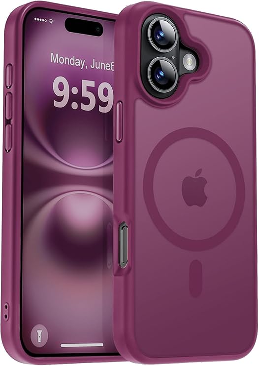 URUCHI Güçlü Manyetik Telefon Kılıfı, [Mag-Safe ile Uyumlu] [Askeri Düzey Düşme Koruması] [Güçlü Silikon Kenarlar] İnce Yarı Saydam Mat Koruyucu Kılıf (Mürdüm, iPhone 16 6,1 inç)