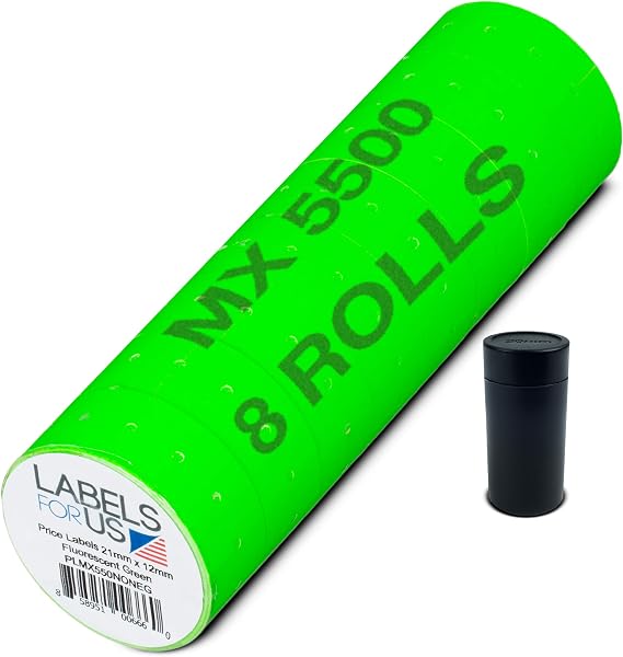 MX 5500 Labels - 8,000 Total - Green - Price Labels - Pack of 8 Rolls - Ink Roller Included