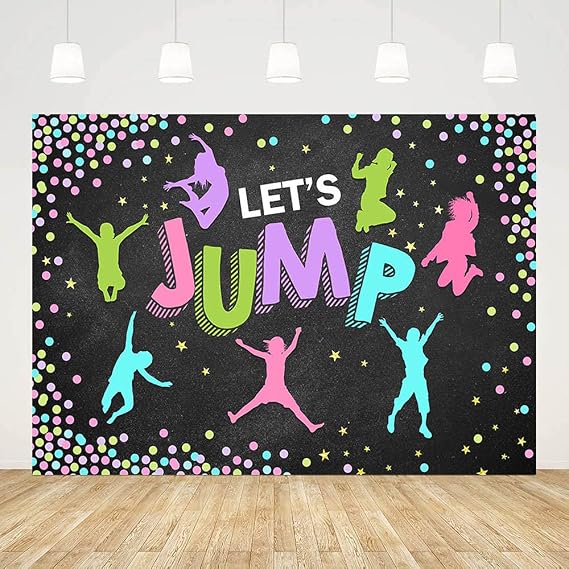 7x5ft Let's Jump Party Backdrop Colorful Teen Boys Girls Bounce House Trampoline Glitter Stars Background Play and Dance Birthday Party Decorations Cake Table Banner Decor Props