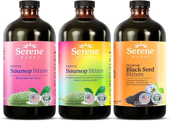 Serene Herbs Soursop Bitters Liquid & Black Seed Bundle Organic Herbal Guanabana for Digestive Support & Immune Health Vegan, Non-GMO 32 oz (16 oz Each), (3 Pack)