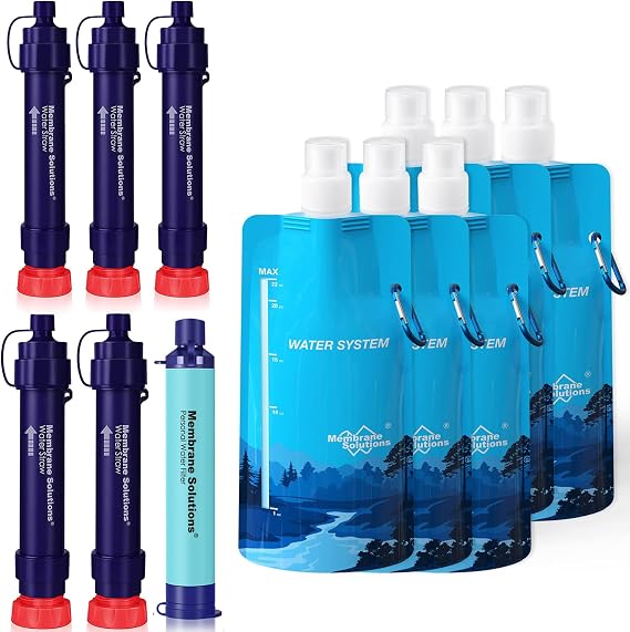 Membrane Solutions S2 Detachable Water Filter Straw (Pack of 5) with 23oz Collapsible Squeezable Water Filtration System.