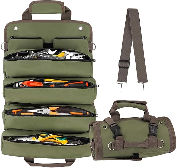 Tool Roll Bag, Heavy Duty Canvas Tool Bag with 4 Zipper Pockets and 2 Removable Tool Bags, Portable Multi‑Purpose Tool Organiser and Storage Carrier Pouch for Plumbers, Electricians and Craftsmen