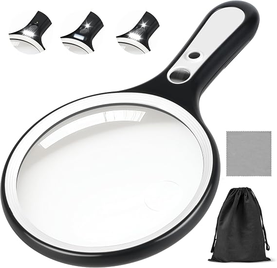 Magnifying Glass with Light for Reading: 5.31 Large Handheld Magnifier Lighted Glasses with 6 LED for Page Book, Small Prints, Coins, Jewelry, Best Lens Gifts for Seniors, Low Vision Elderly