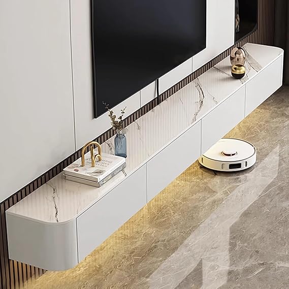 Floating TV Unit, Wall Mounted TV Cabinet, Floating Shelves with Doors & Drawer, Modern Entertainment Media Console Center Storage TV Bench for Living Room & Office (White-B, 140cm/55.1in)